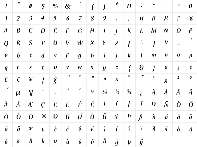 Ellipse ITC Bold Italic  glyph index
