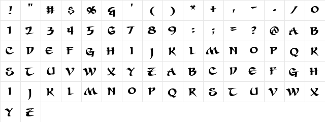 Seven Swordsmen BB Regular  glyph index