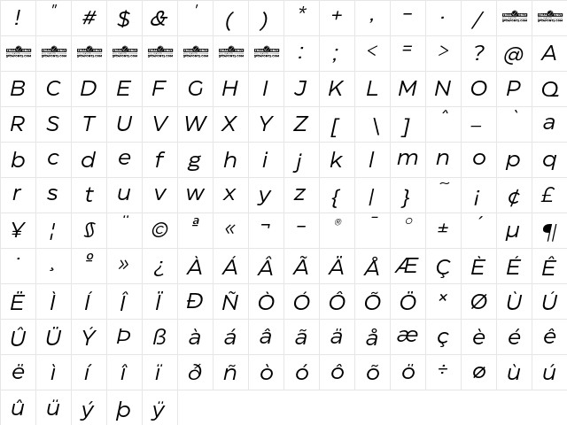 Eastman Trial Italic  glyph index