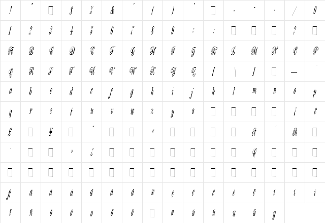 Bordeaux Script Regular  glyph index