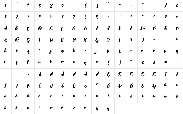 Glamour Bright Regular  glyph index