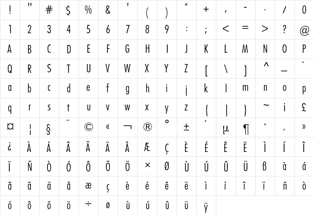 Futura Condensed BQ Regular  glyph index