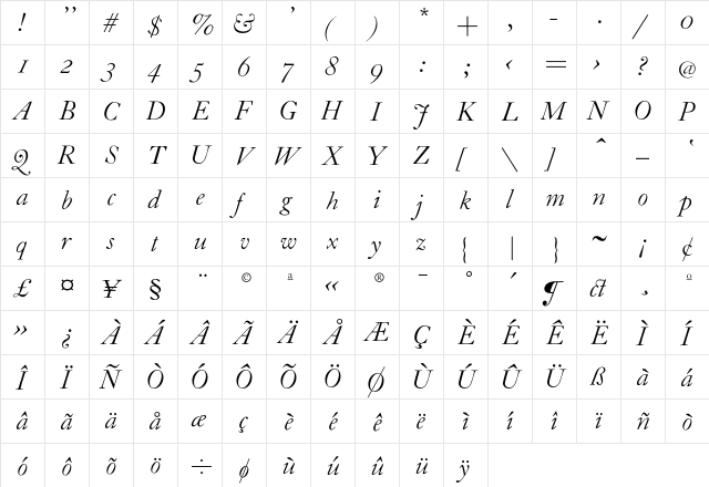 CaslonH-Italic Regular  glyph index