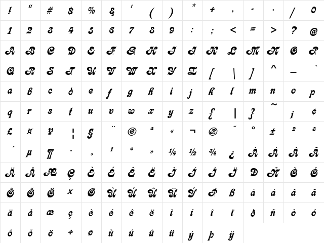 Kalligraphia LT Std Regular  glyph index