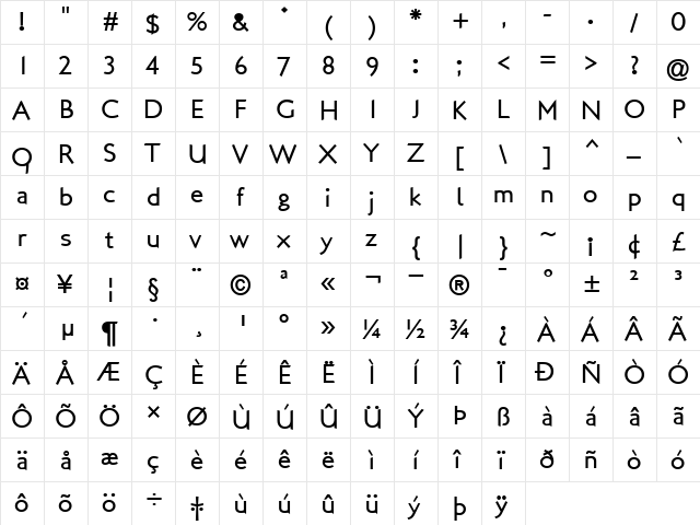 SansBetween Regular  glyph index
