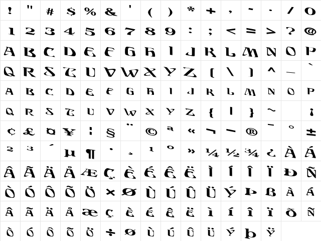 DisPlacedFont Regular  glyph index