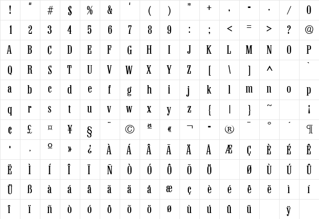 Colonel Regular  glyph index