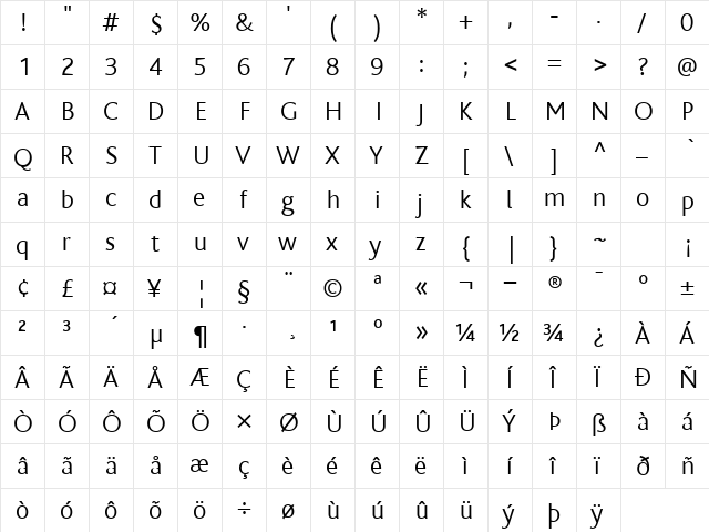 BlissLight Regular  glyph index