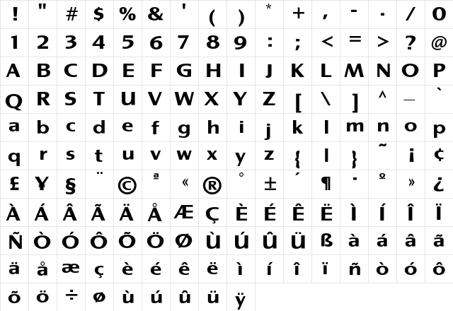 GrangeTF-Bold Regular  glyph index