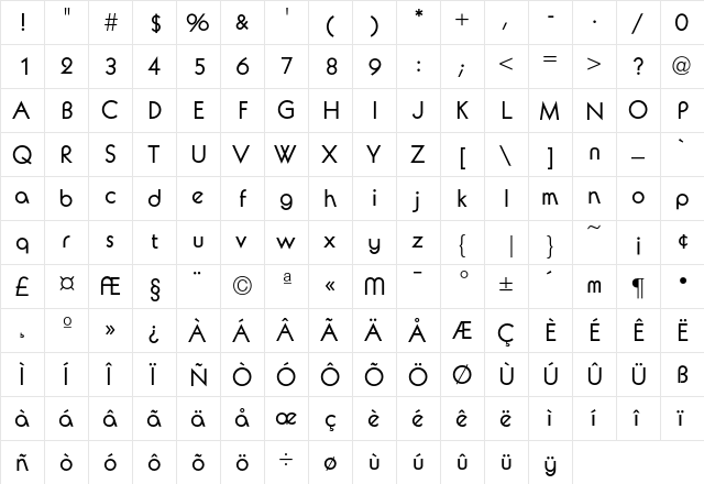 Avalon Medium  glyph index