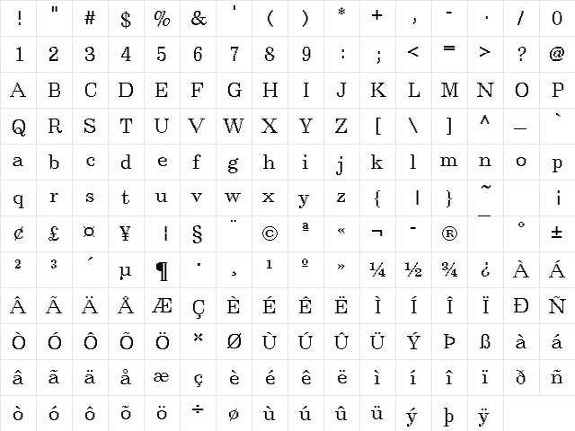 Rough32 Becker Regular  glyph index