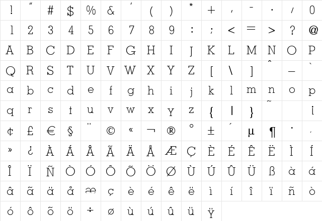 Mesa-Light Regular  glyph index