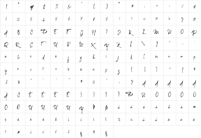 The Caldwell script Regular  glyph index