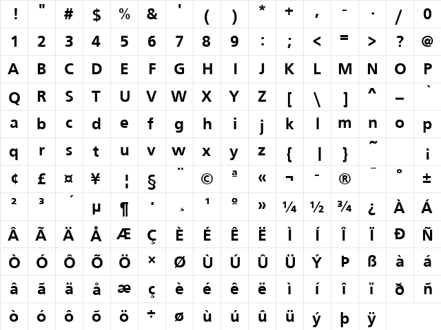 FrontPage Bold  glyph index