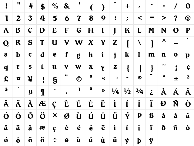 Romic LT Light Bold  glyph index