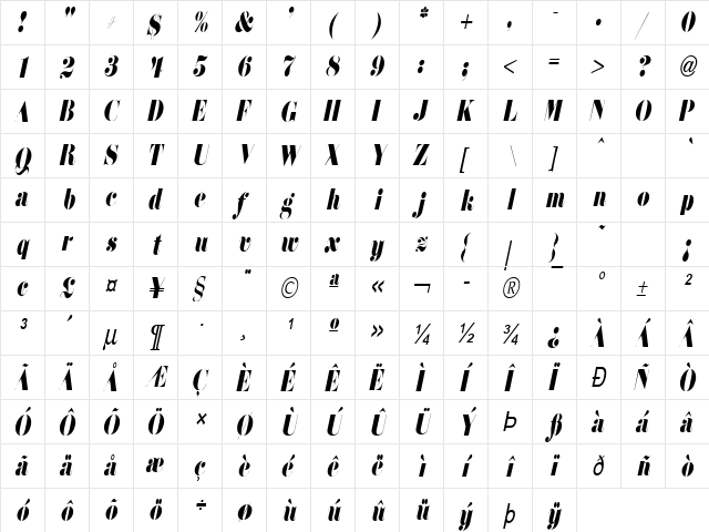 Floral-Condensed Italic  glyph index