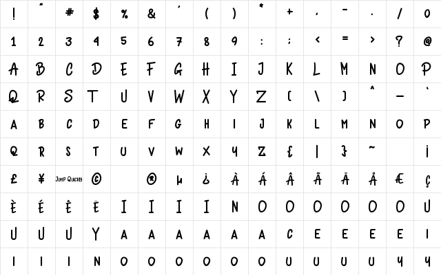 Jump Quickly Regular  glyph index