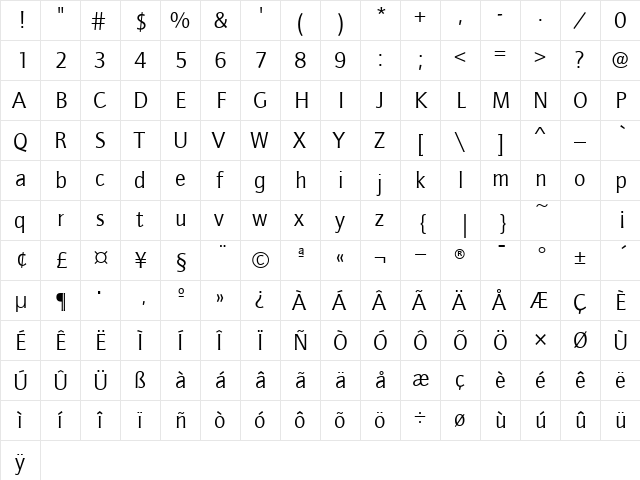 QuaySansITCTT Book  glyph index