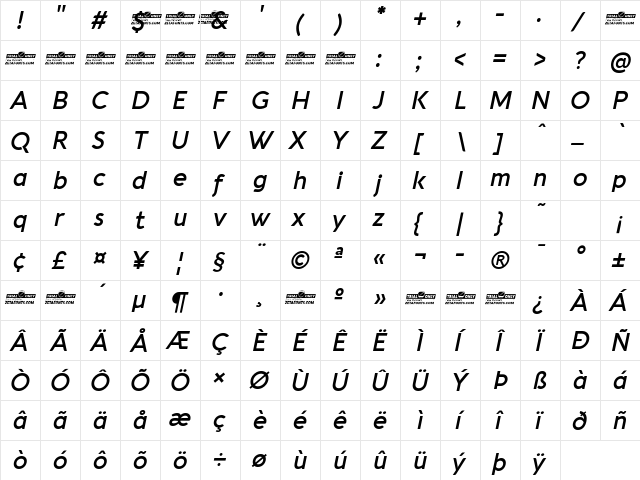 Aquawax Pro Trial DemiBold Italic  glyph index