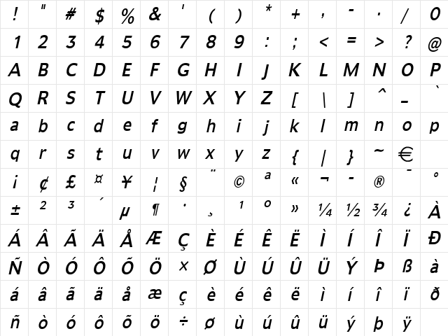 AdamsCondensed Italic  glyph index