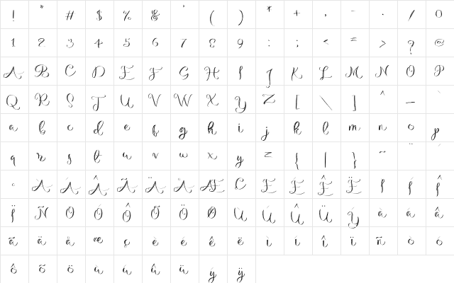 Michelle Handlettering Medium  glyph index