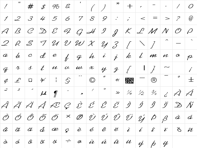 KoffeeWide Regular  glyph index