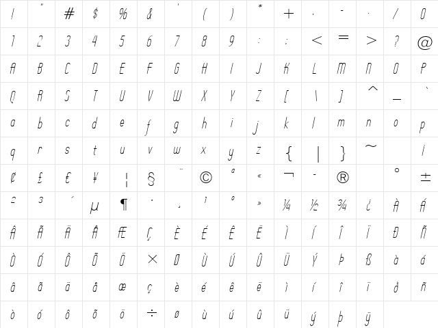 Operator Nine BTN Lt Oblique  glyph index