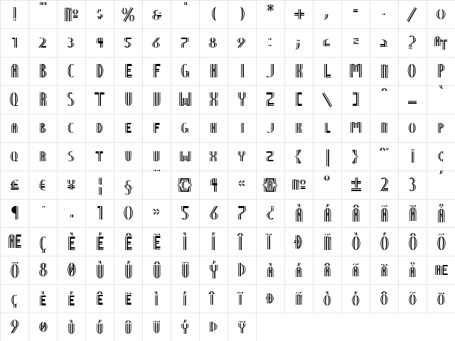 Nineteen Ten Vienna Regular  glyph index