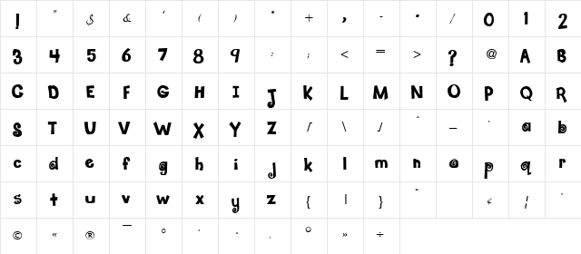 JellyRoll Regular  glyph index
