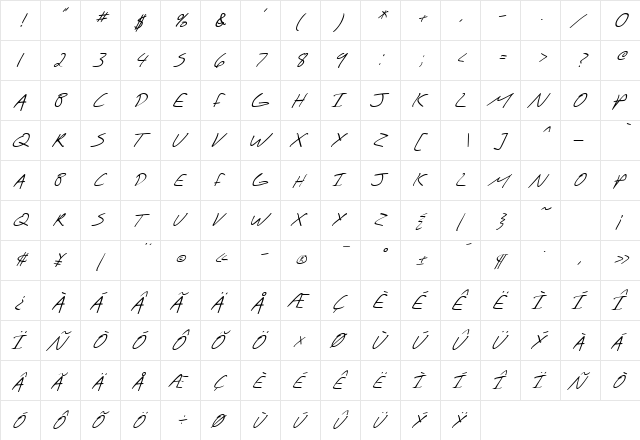 SF Scribbled Sans SC Italic  glyph index