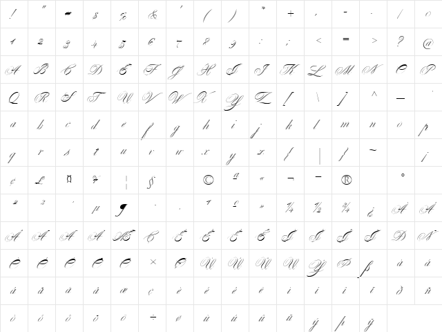 Waddy One Twenty Four Script Regular  glyph index