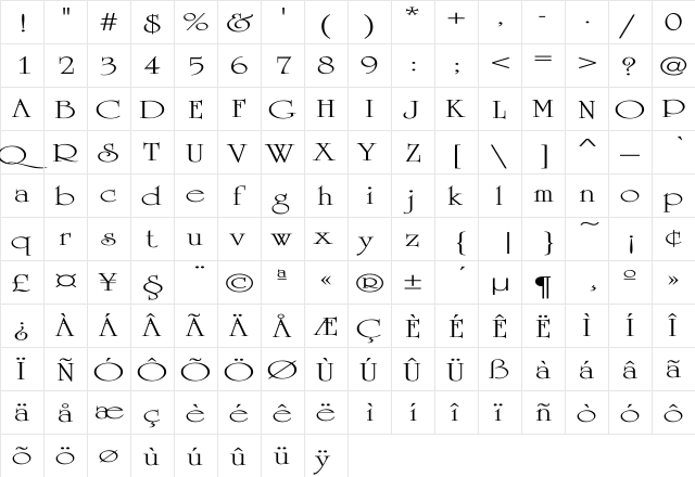 University Ex Regular  glyph index