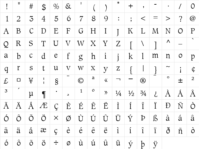Caxton-Light Light  glyph index
