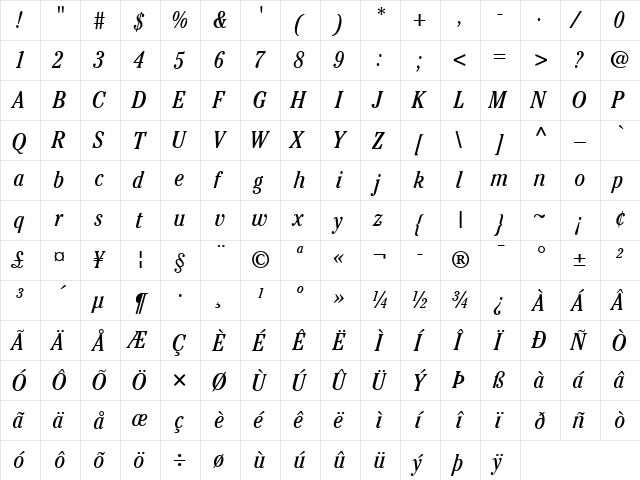 ITCCheltenham LT BookCond Italic  glyph index