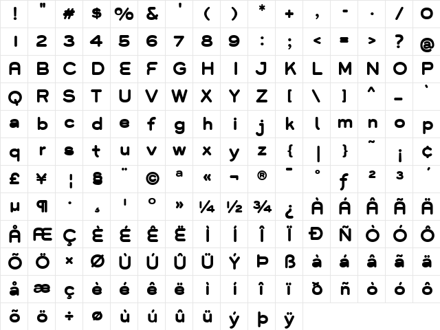 Grover Bold  glyph index