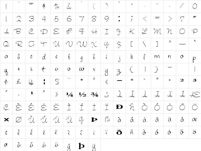 HandWriting53 Regular  glyph index