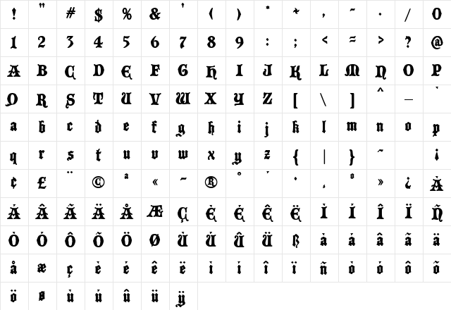 BlackCastleMF Regular  glyph index
