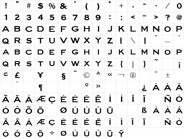 Steelplate GothicBold  glyph index