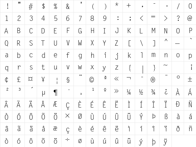 Letter GothicPS Regular  glyph index