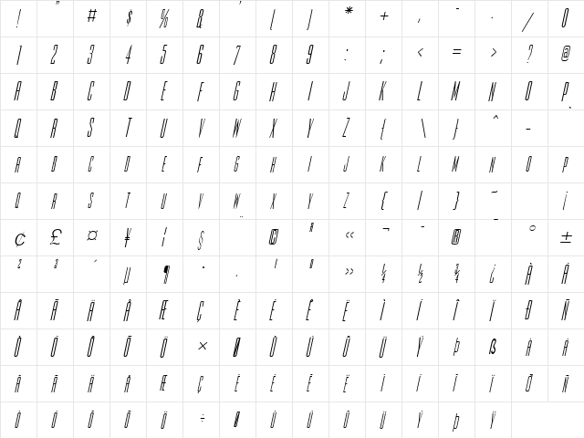 Slim Jim Italic  glyph index