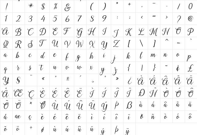 Kasandra Script Regular  glyph index