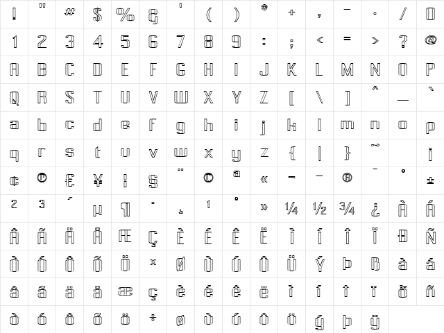 Pecot Outline Regular  glyph index