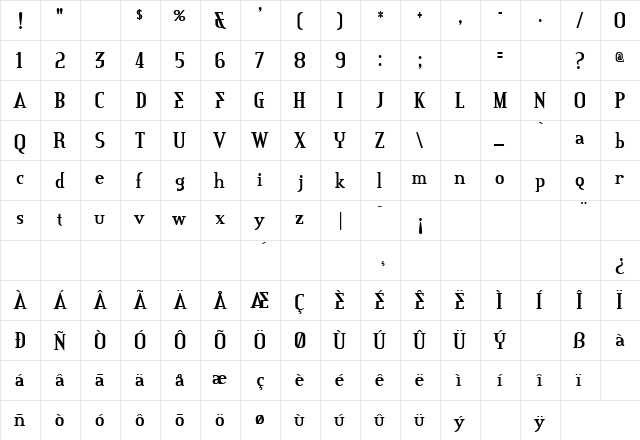 Credit River Regular  glyph index