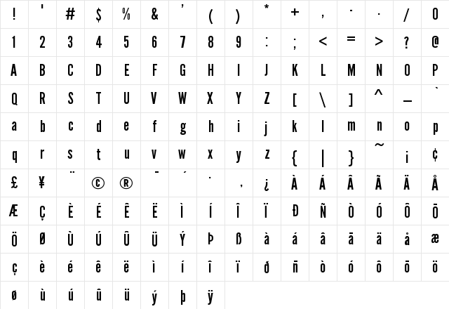 League Gothic Regular  glyph index