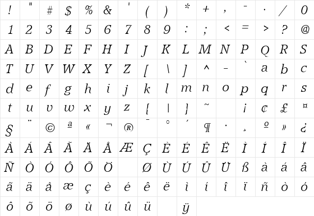 AccoladeLH Italic  glyph index