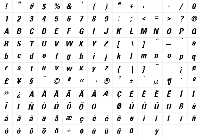 Uniform Condensed Bold Italic  glyph index
