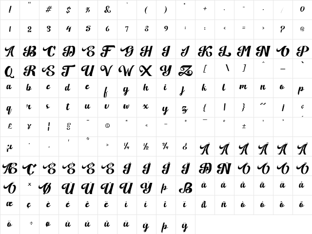 Quillotha Regular  glyph index