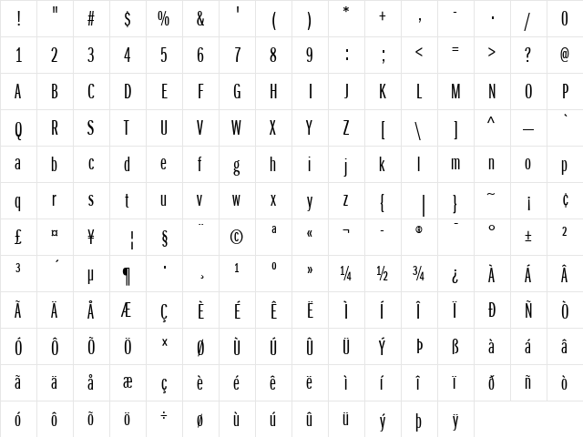 ITCFranklinGothic LT BookXCp Regular  glyph index