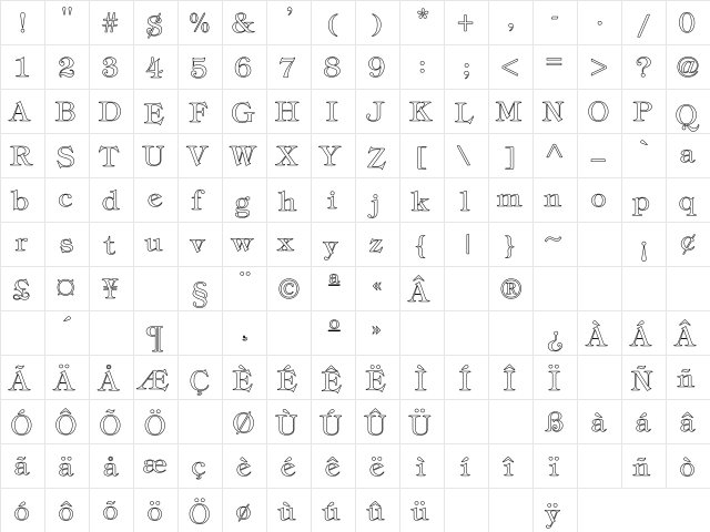 Tiffany-Normal Hollow Regular  glyph index