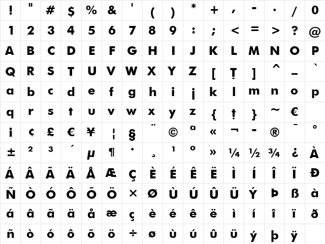 VANIEL Md BT Bold  glyph index